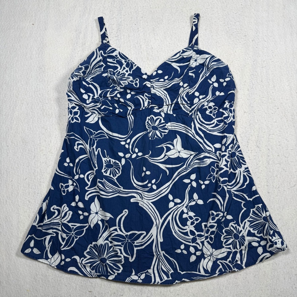 Venezia Blue White Floral Cotton Cami Top Size 18 Smocked Back Sleeveless Tank